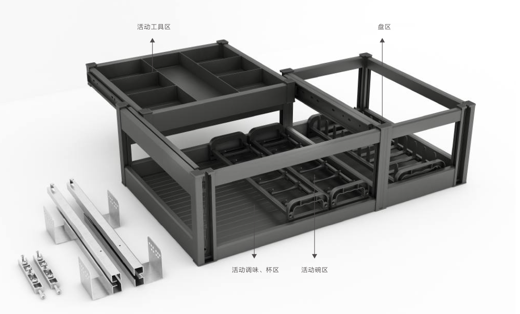 Kitchen base cabinet (600-900mm) organizer set, 2 pull-outs with cutlery tray and dish holders