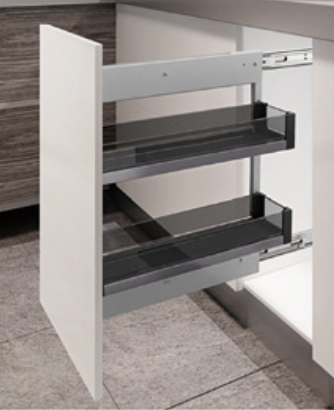 Kitchen base cabinet (200-250mm) pull-out, stainless steel, tempered glass